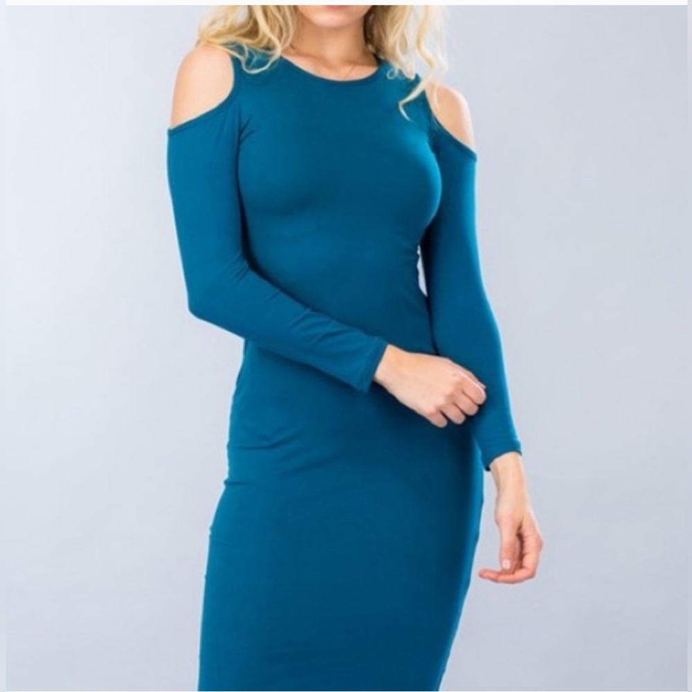 NWT Capella Teal Cold-Shoulder Midi Bodycon Dress